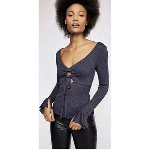 Free People Say When Cutout Front Bell Sleeve Light Sweater Navy Blue Gold Mediu